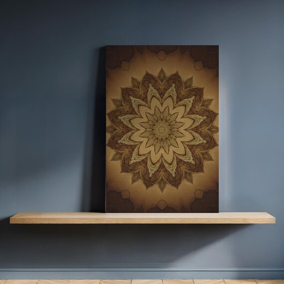 Framed Mandala Canvas Wall Art In Brown Tones Boho Geometric Kitchen Decor Intricate Zen Floral Print For Relaxed Modern Rustic Spaces