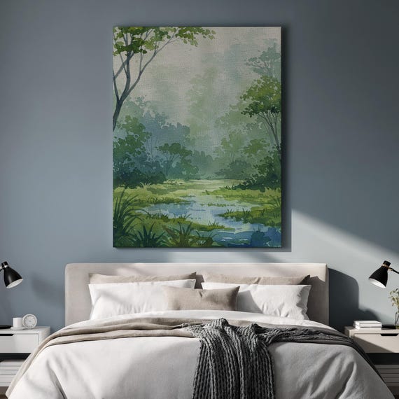 Framed Landscape Forest Canvas Wall Art Serene Green Nature Scene Painting Peaceful River View Print For Calm Rustic Room Decor