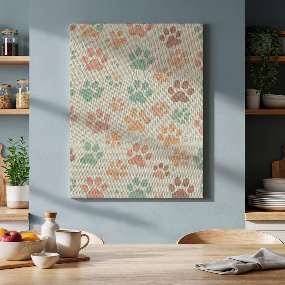 Colorful Pet Paw Pattern Art Poster With Teal Coral And Brown Paws