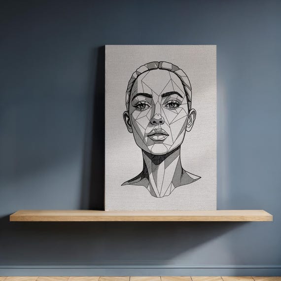 Geometric Female Portrait Canvas Modern Polygon Line Art Of Womans Face In Black On Beige Framed Figurative Wall Decor For Bold Interiors