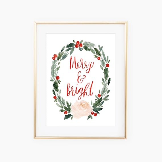 Merry and Bright Christmas Wreath Watercolor Floral Quote Poster