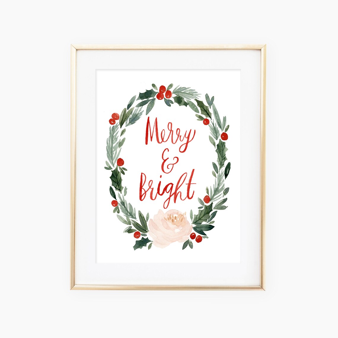 Merry and Bright Christmas Wreath Watercolor Floral Quote Poster