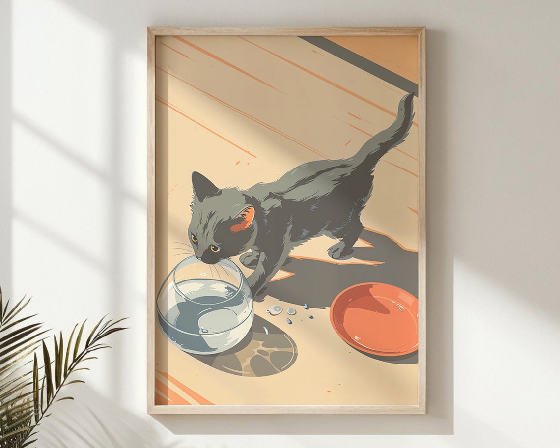 Grey Kitten Drinking Water Glass Orange Dish Sunbeam Nursery Poster - Image 6