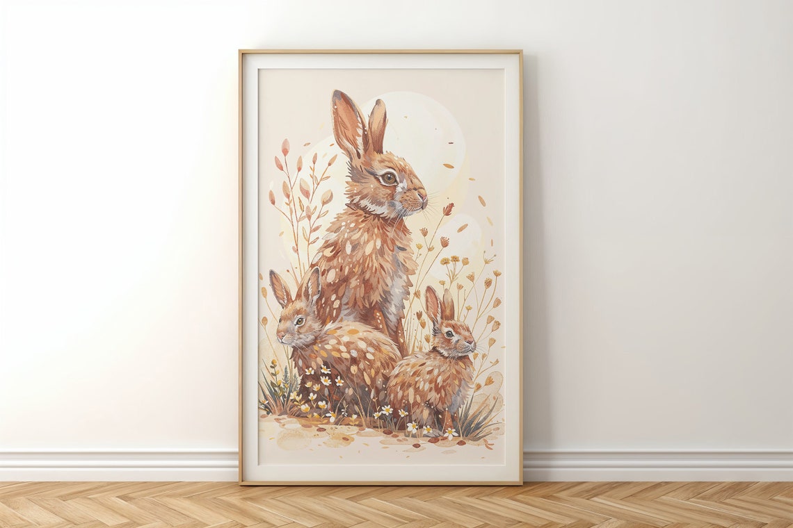 Bunny Family Watercolor Three Rabbits With Daisies Nursery Art Print - Image 6