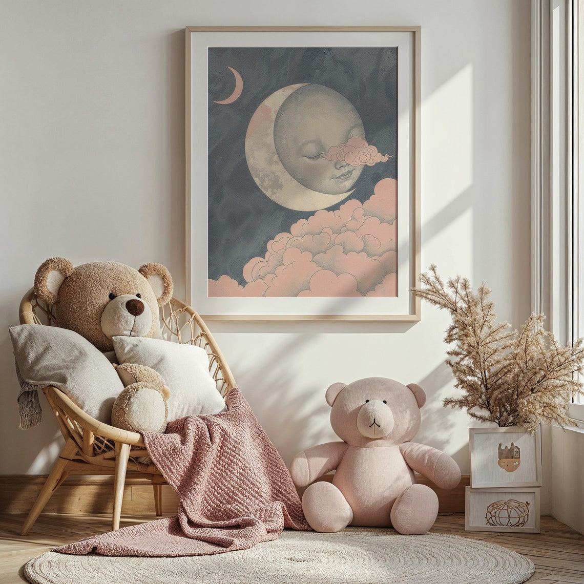 Dreamy Moon Face Resting On Crescent With Pink Clouds Night Sky Poster - Image 4