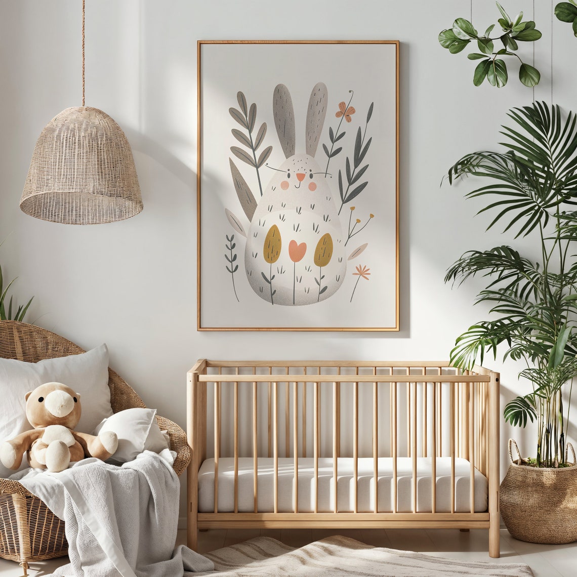 Smiling Chubby Bunny Modern Floral Garden Nursery Wall Art Poster - Image 3