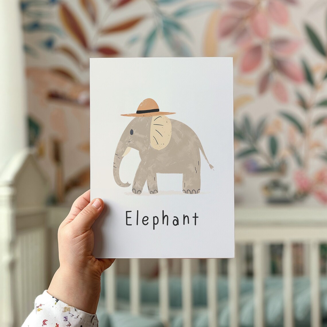 Elephant Wearing Safari Hat Cream Kids Nursery Bedroom Art Poster - Image 2