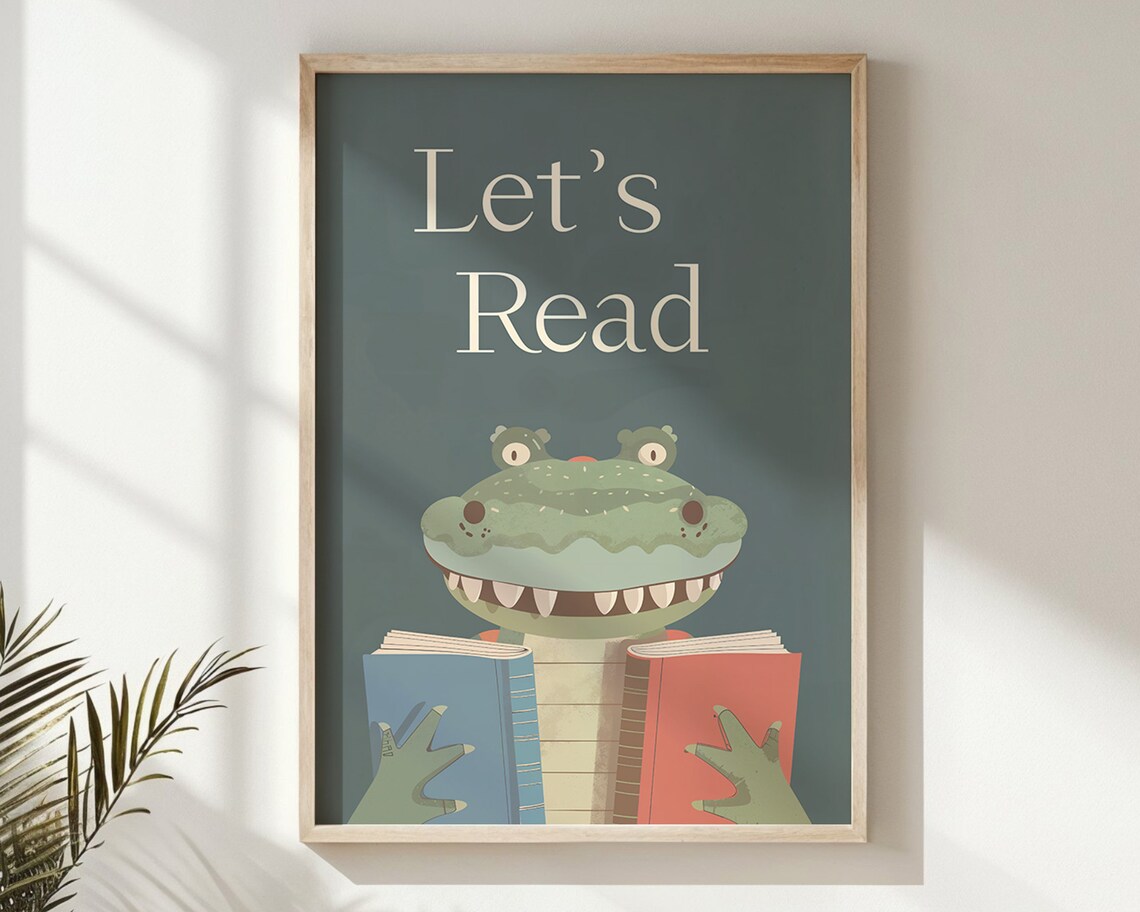Reading Alligator Nursery Art Print for Young Readers