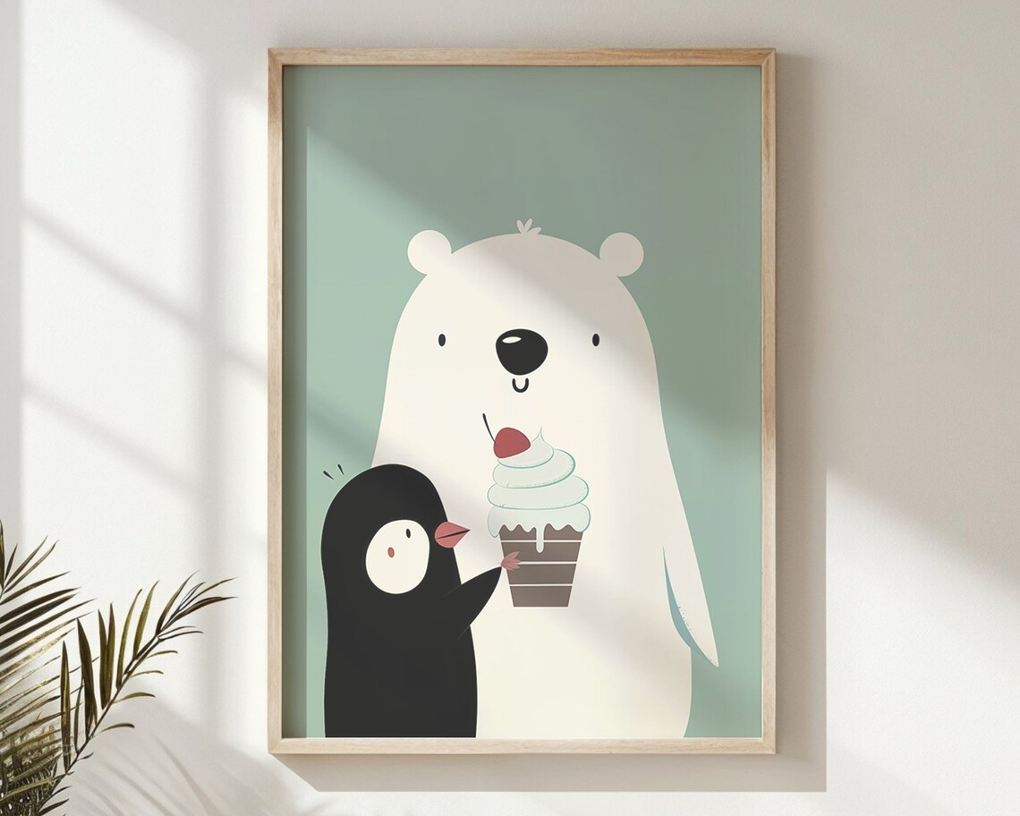 Polar Bear Penguin Sharing Ice Cream Mint Background Kids Poster - Image 5