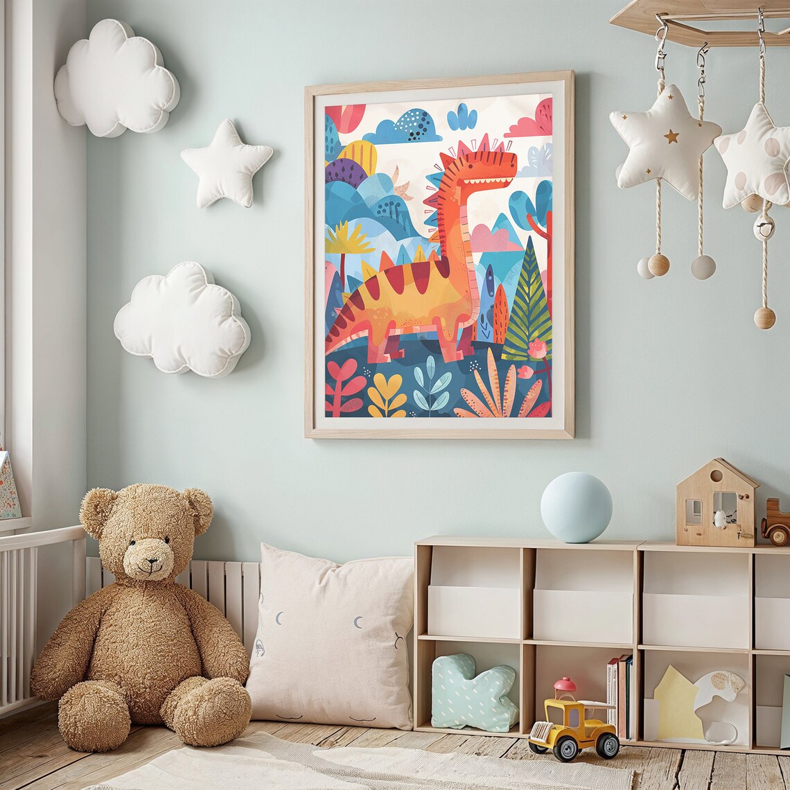 Cute Orange Spotted Dinosaur Jungle Scene Kids Room Nursery Poster - Image 3
