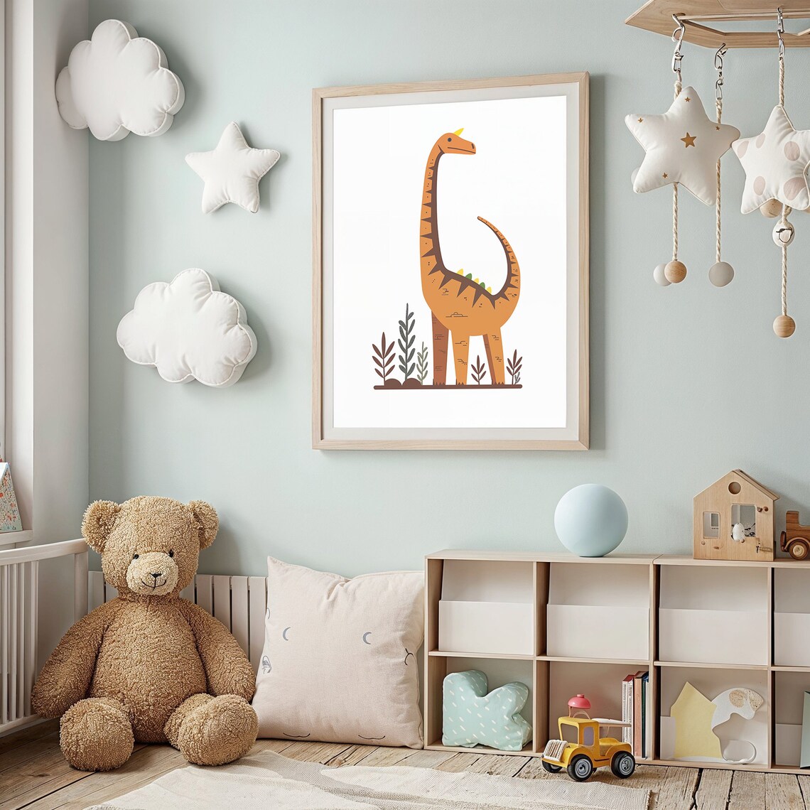 Cute Orange Brontosaurus Long Neck Dinosaur Kids Room Nursery Poster - Image 3