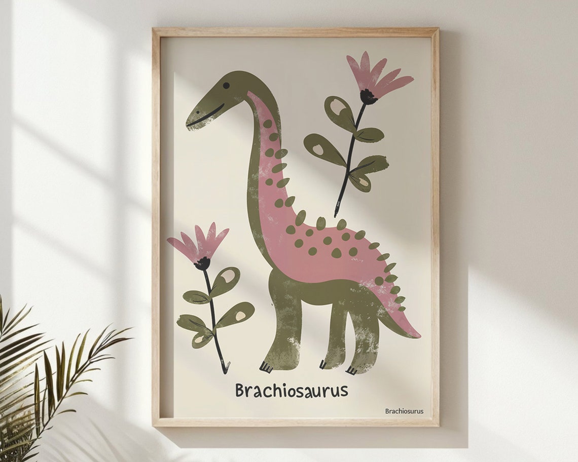 Brachiosaurus Dinosaur Pink Spots Flowers Kids Room Wall Art Poster