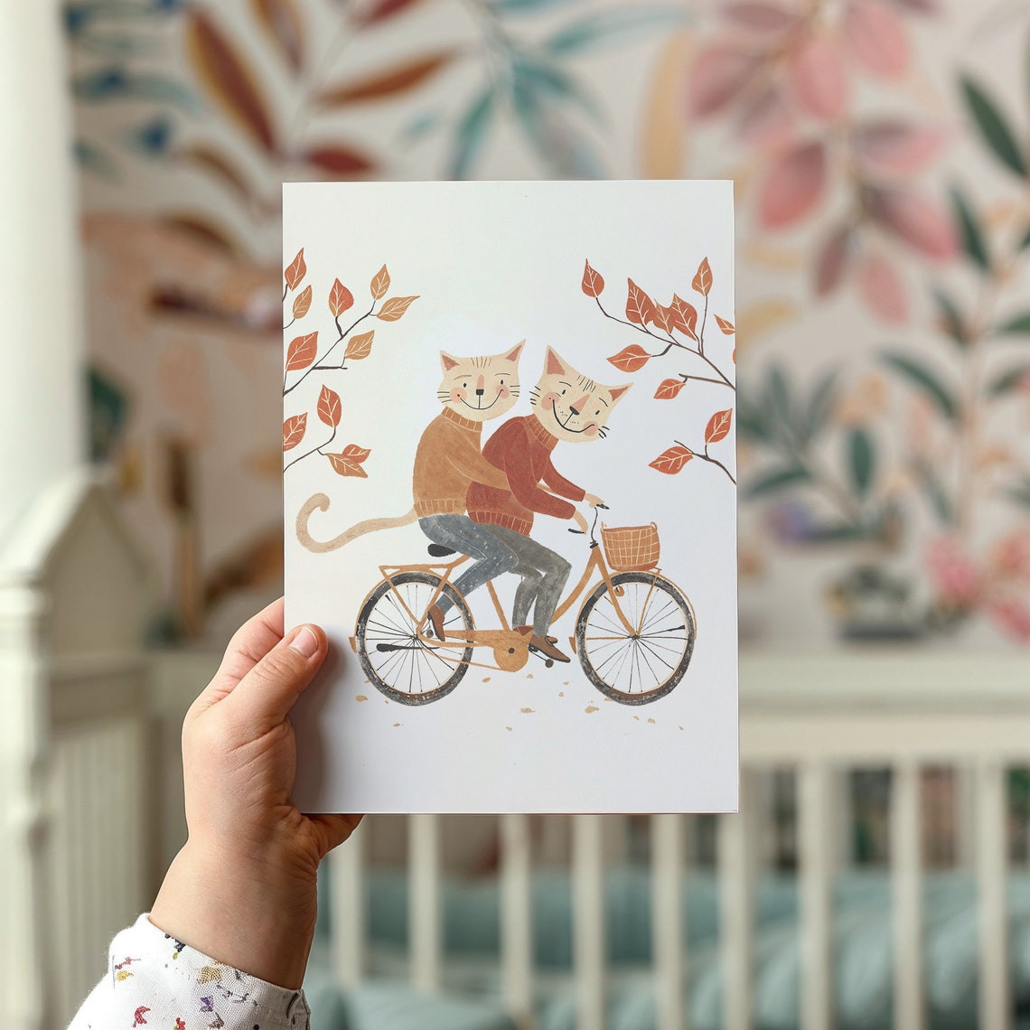 Two Cats Riding Bicycle In Autumn Leaves Whimsical Nursery Poster - Image 2