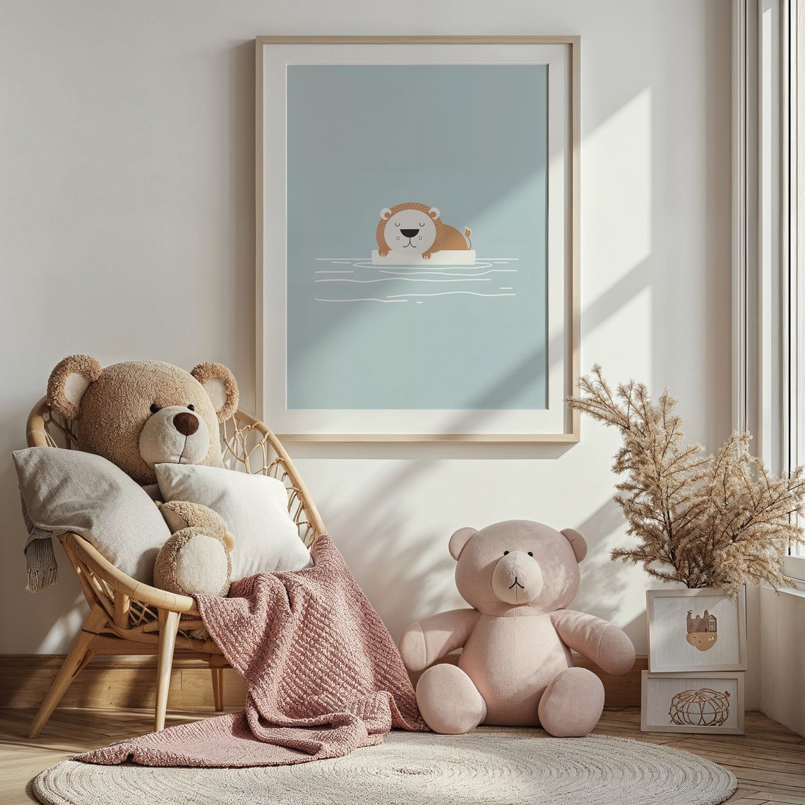 Sleeping Lion Cub Floating Blue Water Minimalist Nursery Wall Poster - Image 4