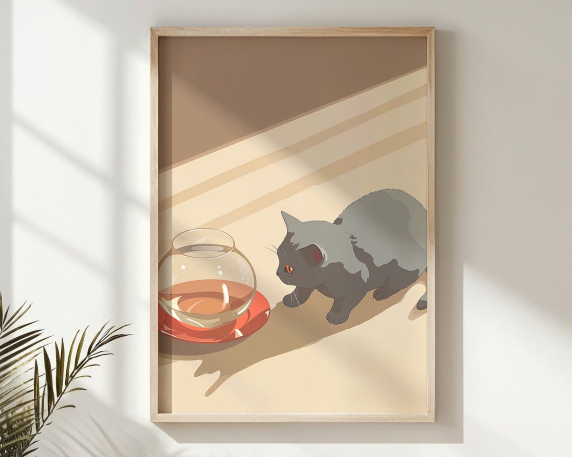 Grey Cat Watching Fishbowl Curious Kitty Retro Beige Nursery Poster