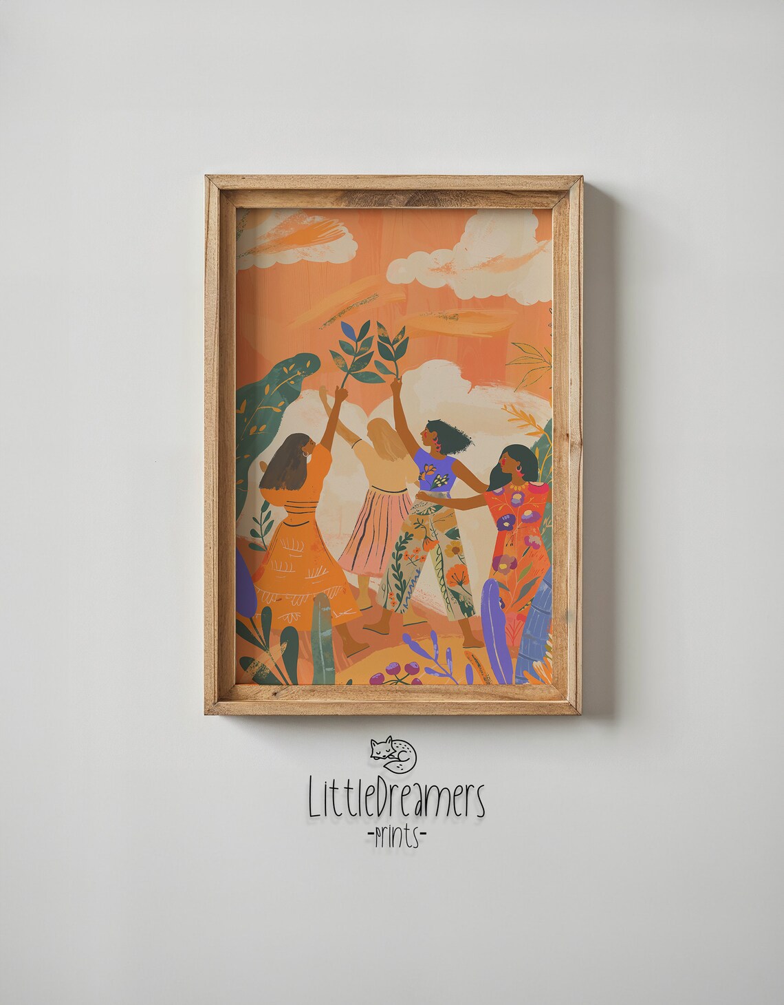 Diverse Women Holding Branches Aloft Orange Sky Friendship Poster - Image 3