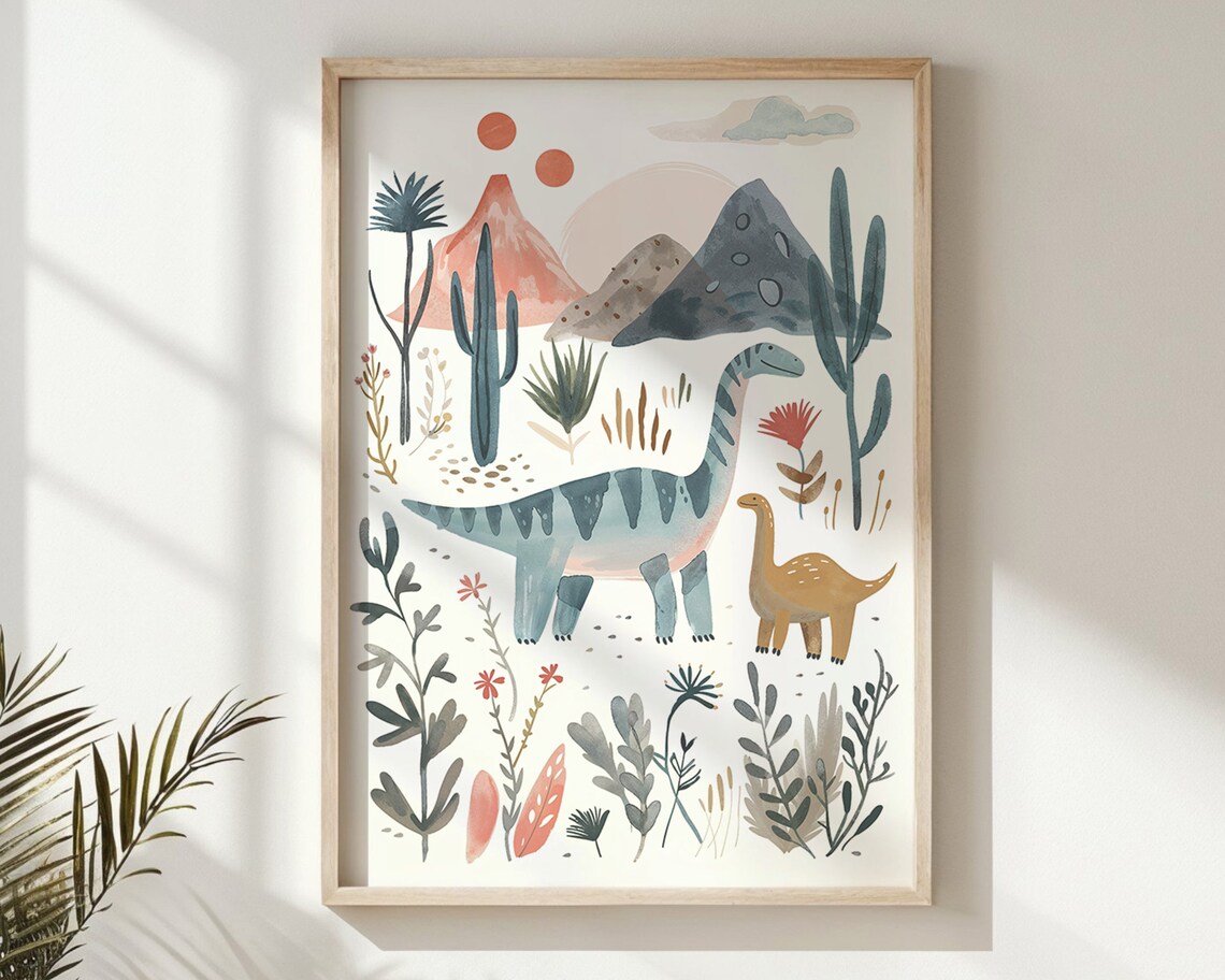 Dinosaur Nursery Art Print, Whimsical Desert Scene
