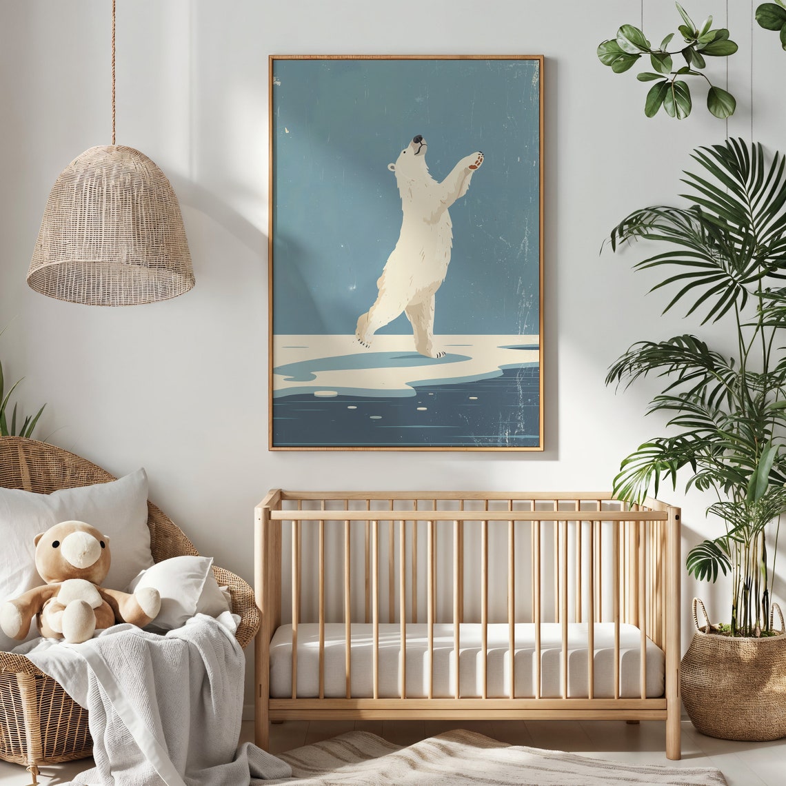 Joyful Polar Bear Reaching Up Ice Floe Blue Sky Arctic Art Poster - Image 3