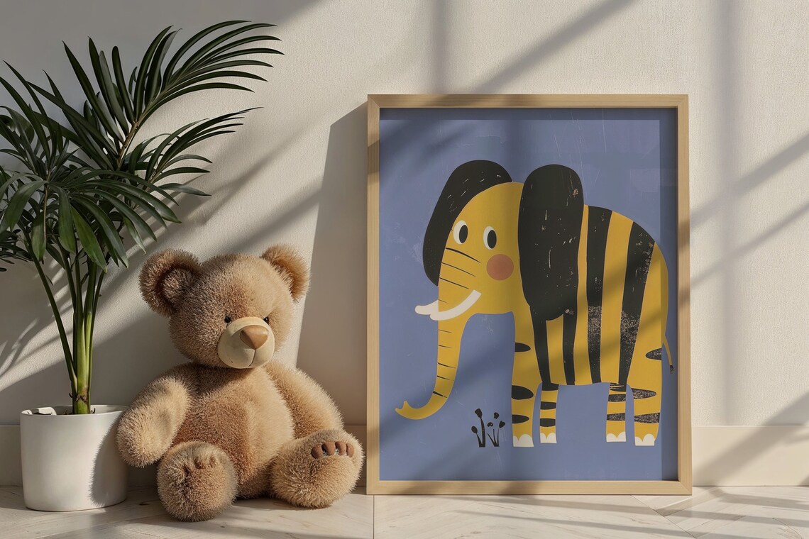 Cute Yellow Elephant Cartoon Illustration Nursery Kids Room Animal Poster - Image 6