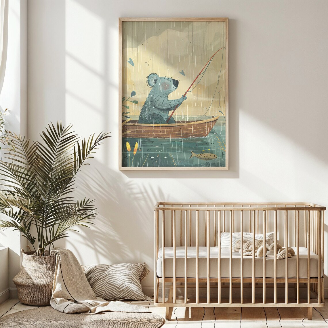Koala Fishing From Boat Vintage Lake Illustration Kids Wall Art Poster