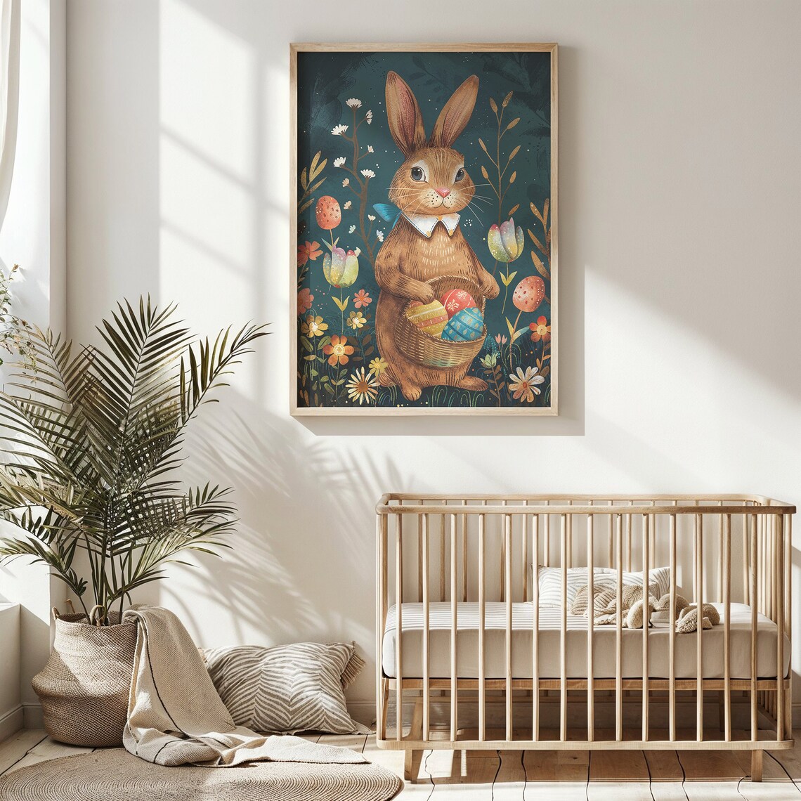 Brown Bunny Ribbon Collar Egg Basket Dark Floral Storybook Poster - Image 4