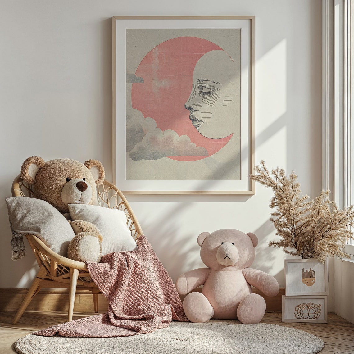 Moon And Clouds Abstract Print Nursery Wall Art Kids Bedroom Celestial Decor Vintage Style Moon Face Poster Gift - Image 4