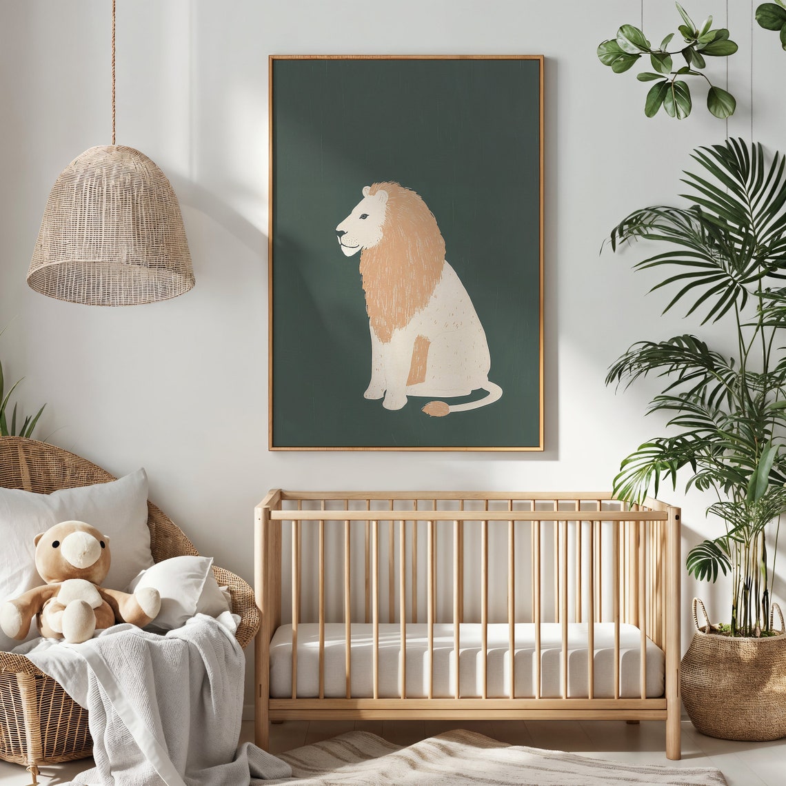 Lion With Golden Mane On Forest Green Minimalist Nursery Safari Poster - Image 2
