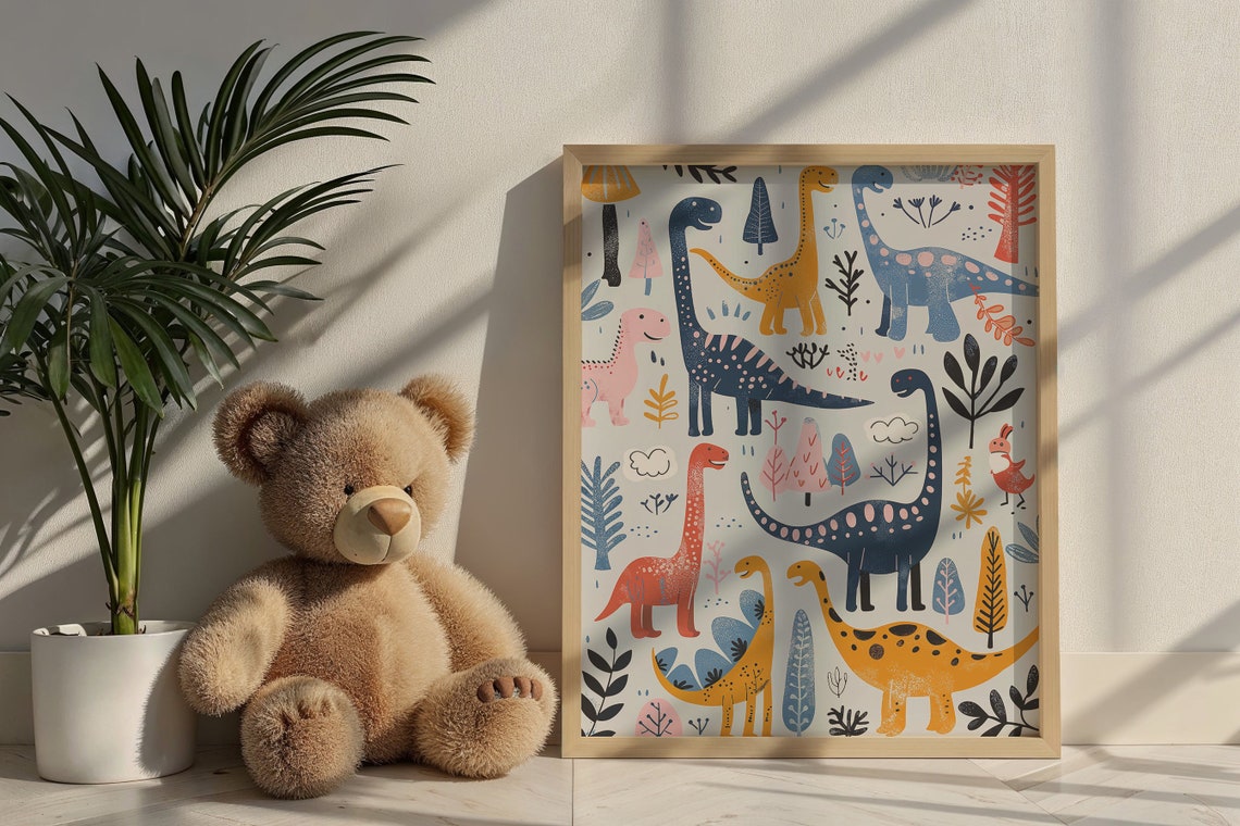 Colorful Long Neck Dinosaurs Pattern White Kids Room Nursery Poster - Image 6