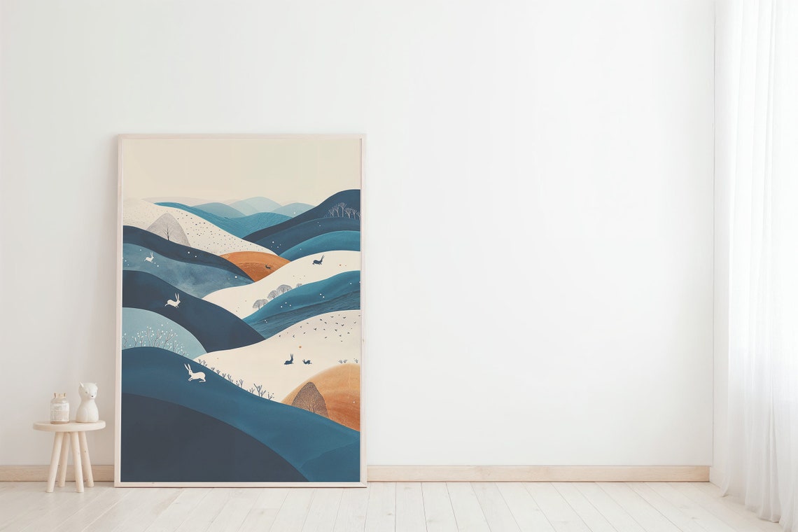 Abstract Rolling Hills Hares Birds Teal Beige Nursery Poster - Image 2