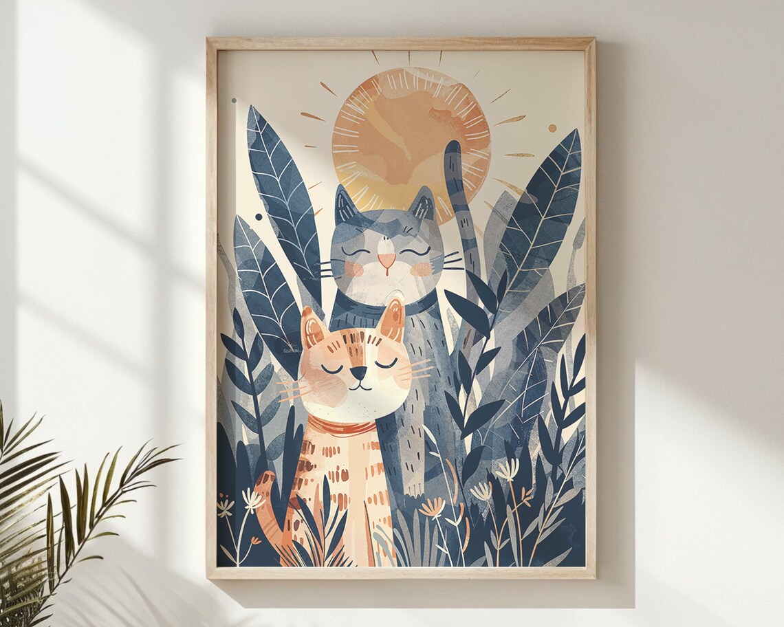 Two Cats Sun Nursery Poster Jungle Leaves Whimsical Kids Room Wall Art - Image 6