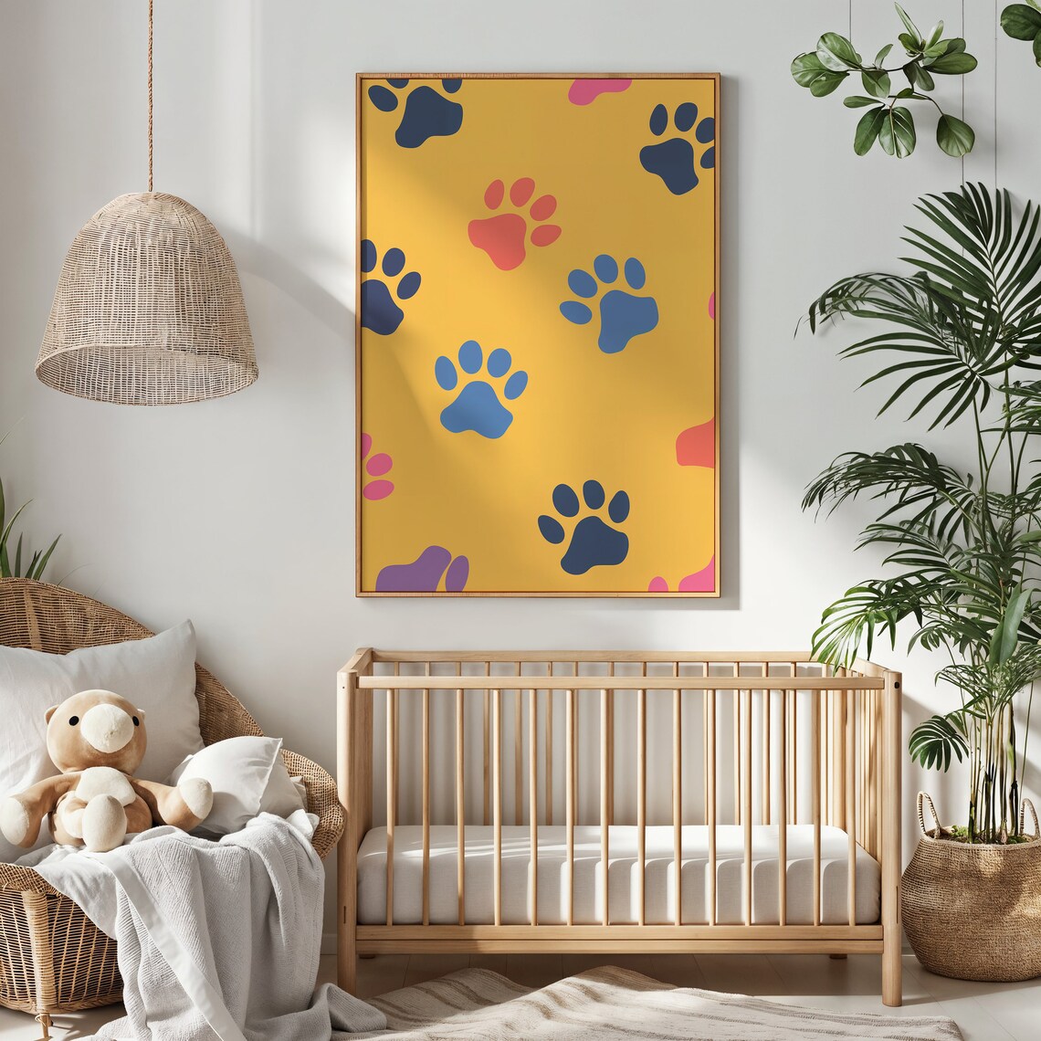 Colorful Paw Prints Mustard Yellow Background Kids Nursery Art Poster - Image 2