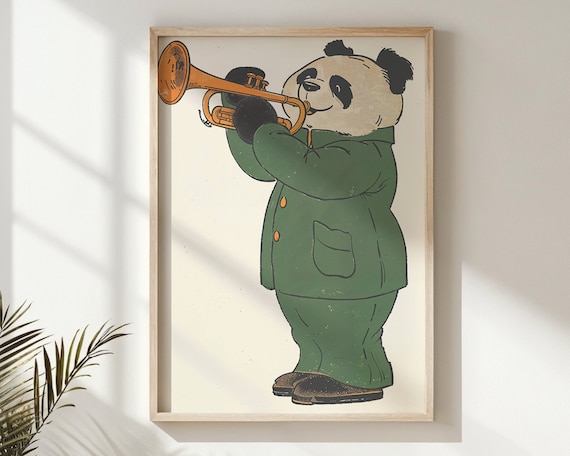 Panda Playing Orange Trumpet Green Suit Kids Music Room Wall Poster