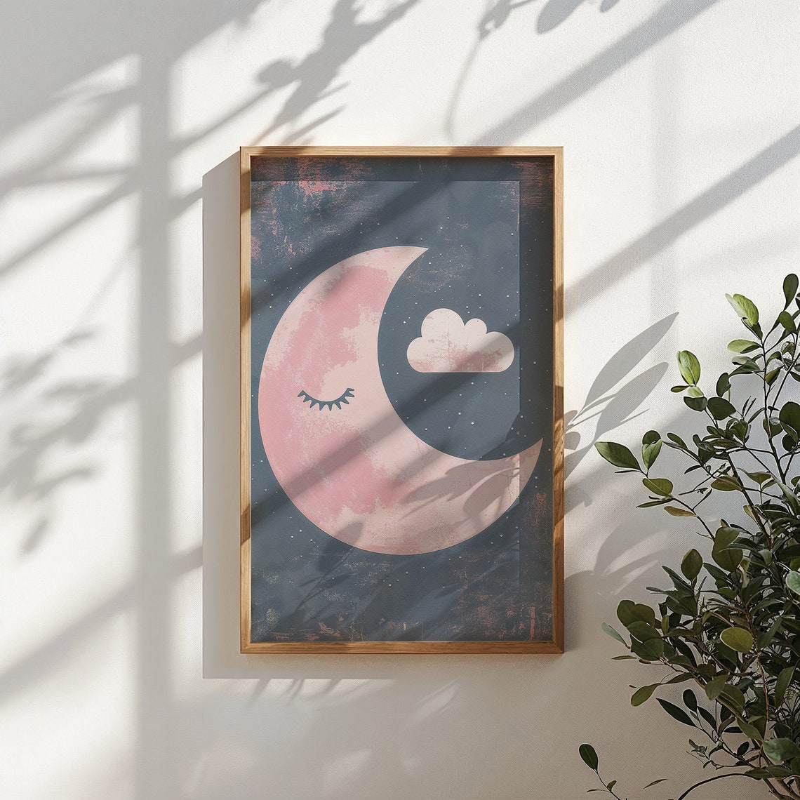 Sleepy Pink Crescent Moon And Cloud On Navy Night Sky Nursery Poster - Image 4