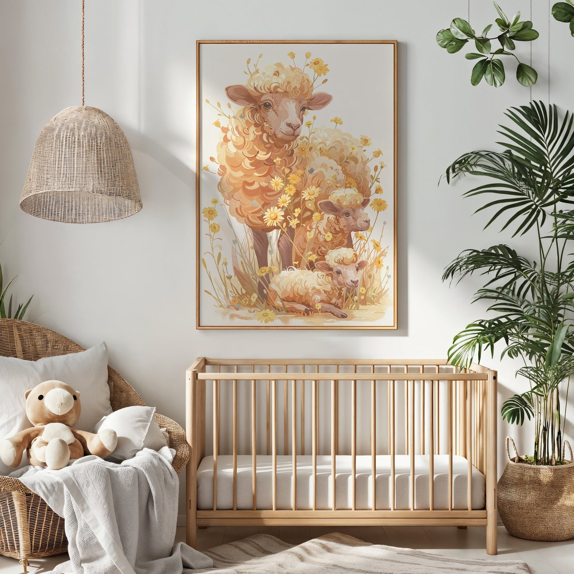 Sheep And Lambs Among Yellow Wildflowers Farm Watercolor Art Print - Image 2