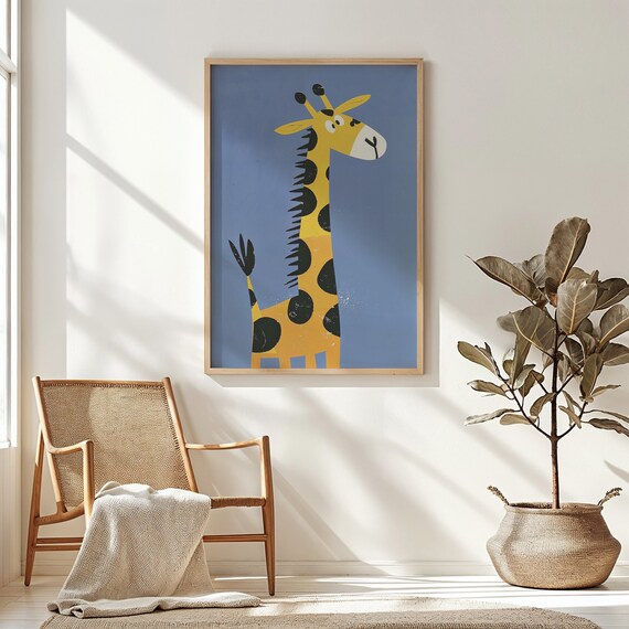 Playful Yellow Giraffe Cartoon Illustration Nursery Kids Room Animal Poster