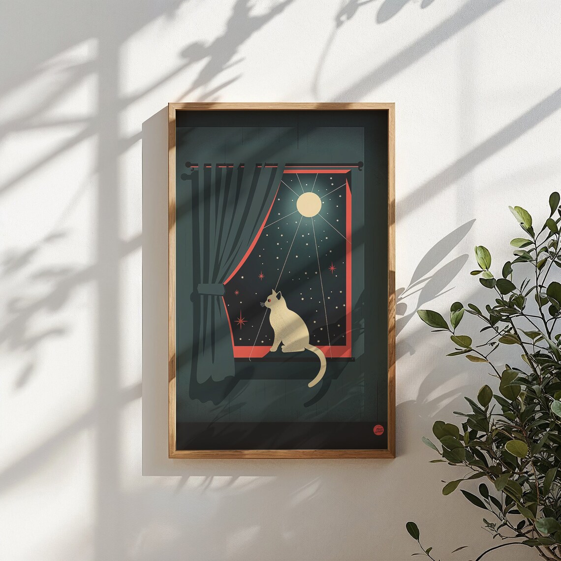 Cat Stargazing At Full Moon Through Window Celestial Nursery Wall Art Poster - Image 3