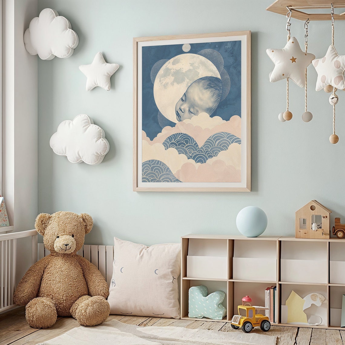 Sleeping Baby On Full Moon Over Clouds And Waves Celestial Art Poster - Image 2