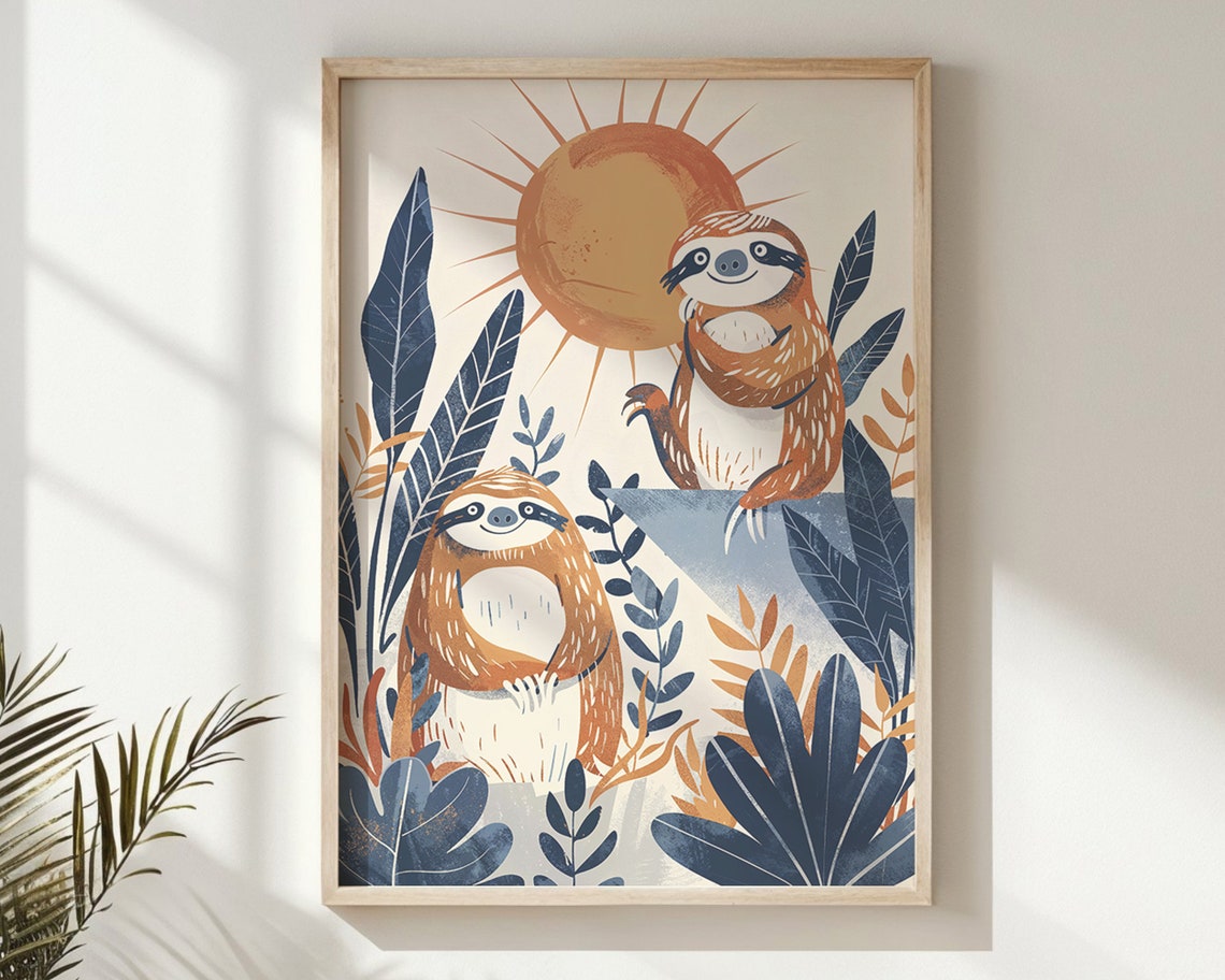 Two Sloths Sun Nursery Poster Jungle Foliage Playful Kids Room Art - Image 6