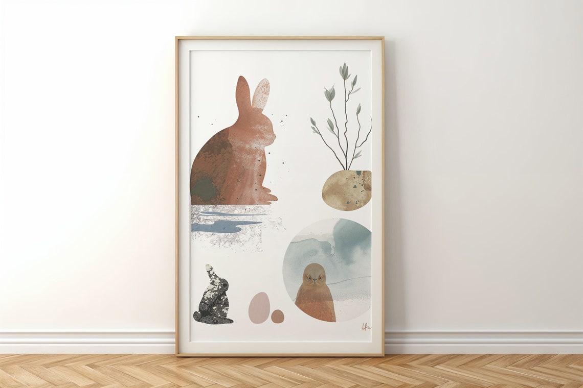 Abstract Bunny And Owl Watercolor Neutral Minimalist Kids Art Print