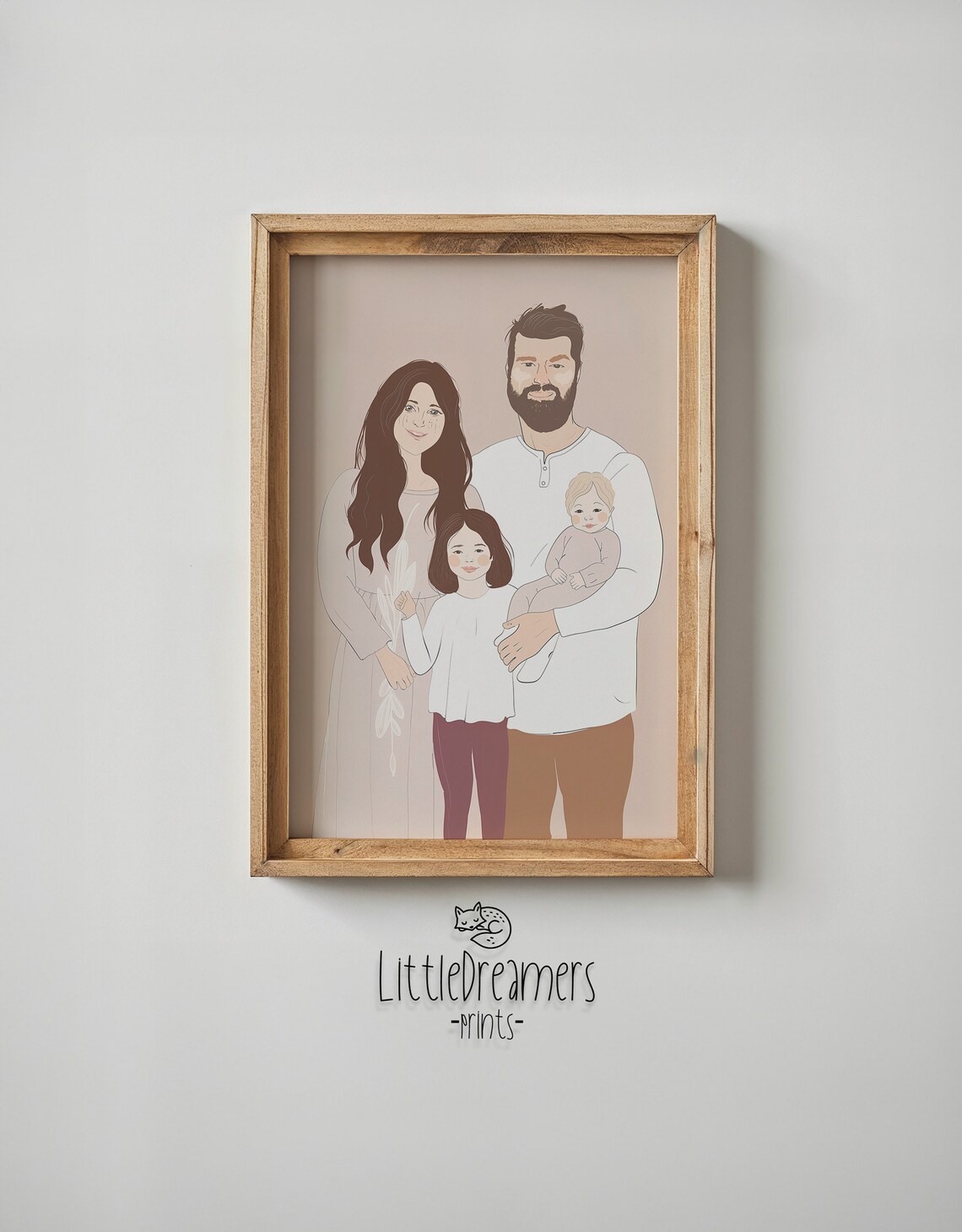 Family Of Four Line Art Portrait Mom Dad Baby Daughter Beige Wall Art - Image 5