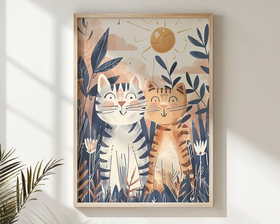 Two Smiling Cats Sun Nursery Poster Jungle Foliage Playful Kids Art