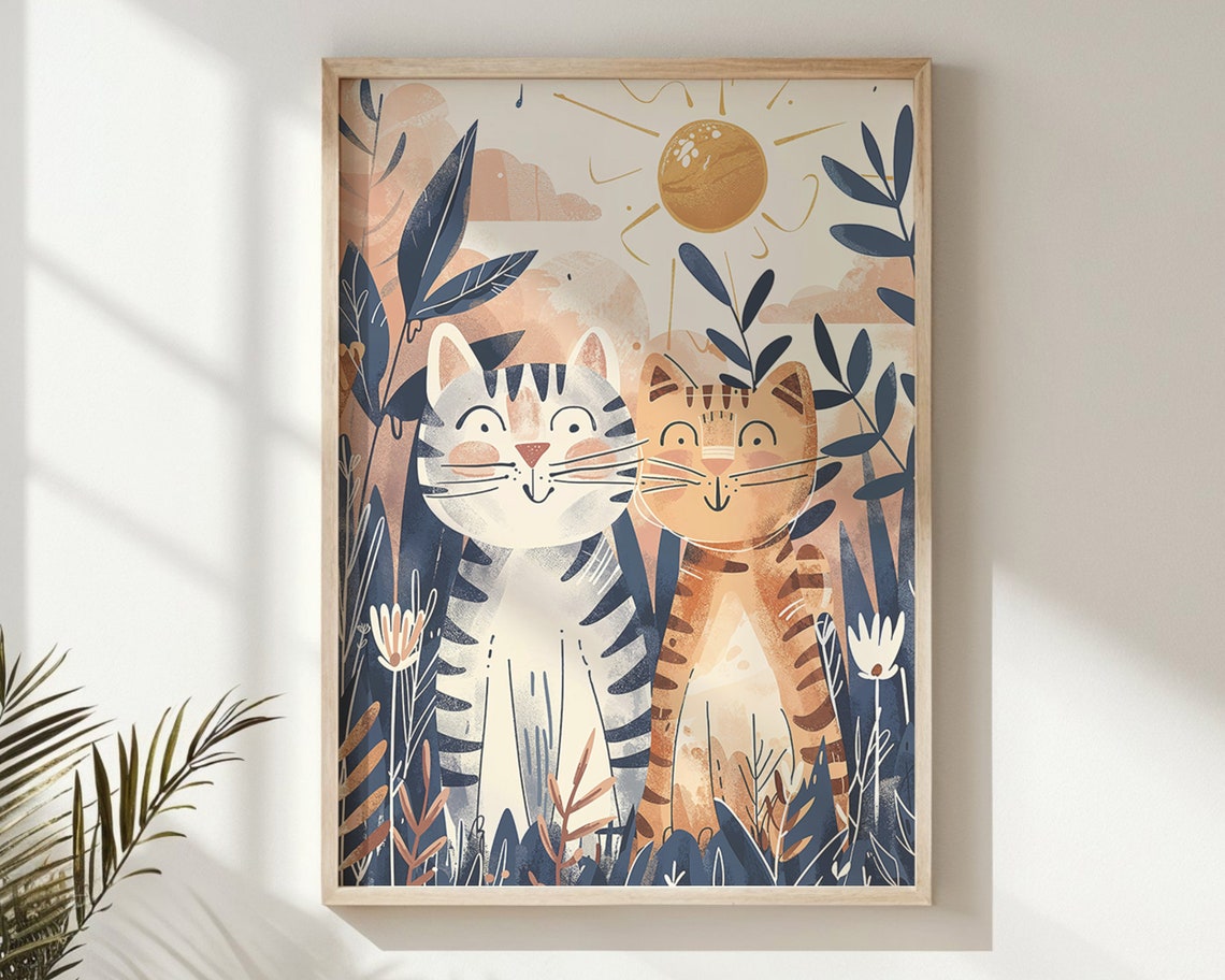 Two Smiling Cats Sun Nursery Poster Jungle Foliage Playful Kids Art