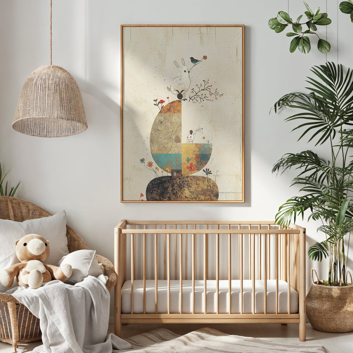 Abstract Bunny And Bird Minimalist Neutral Modern Nursery Wall Art - Image 3
