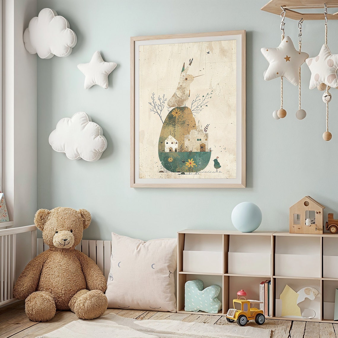Whimsical Bird Village Inside Giant Egg Fantasy Collage Wall Art - Image 2