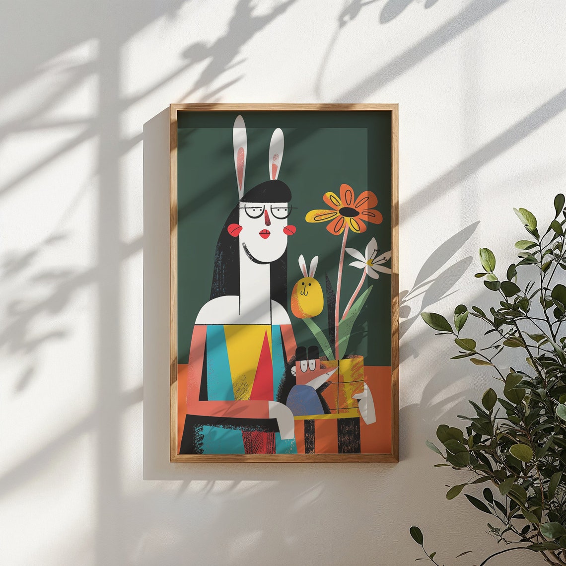 Abstract Bunny Mom With Baby Flowers Bold Modern Kids Poster - Image 4