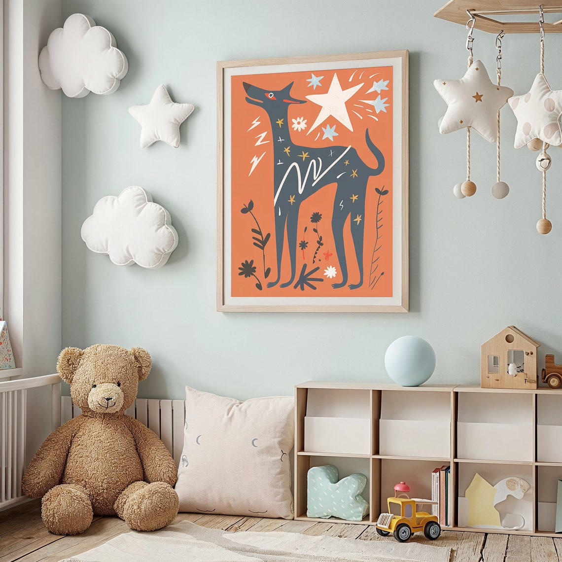 Bold Black Dog Orange Starry Sky Folk Art Animal Wall Poster - Image 2
