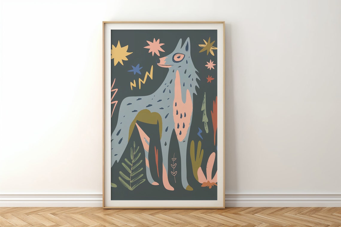 Celestial Gray Wolf Starry Night Folk Art Animal Wall Poster - Image 6