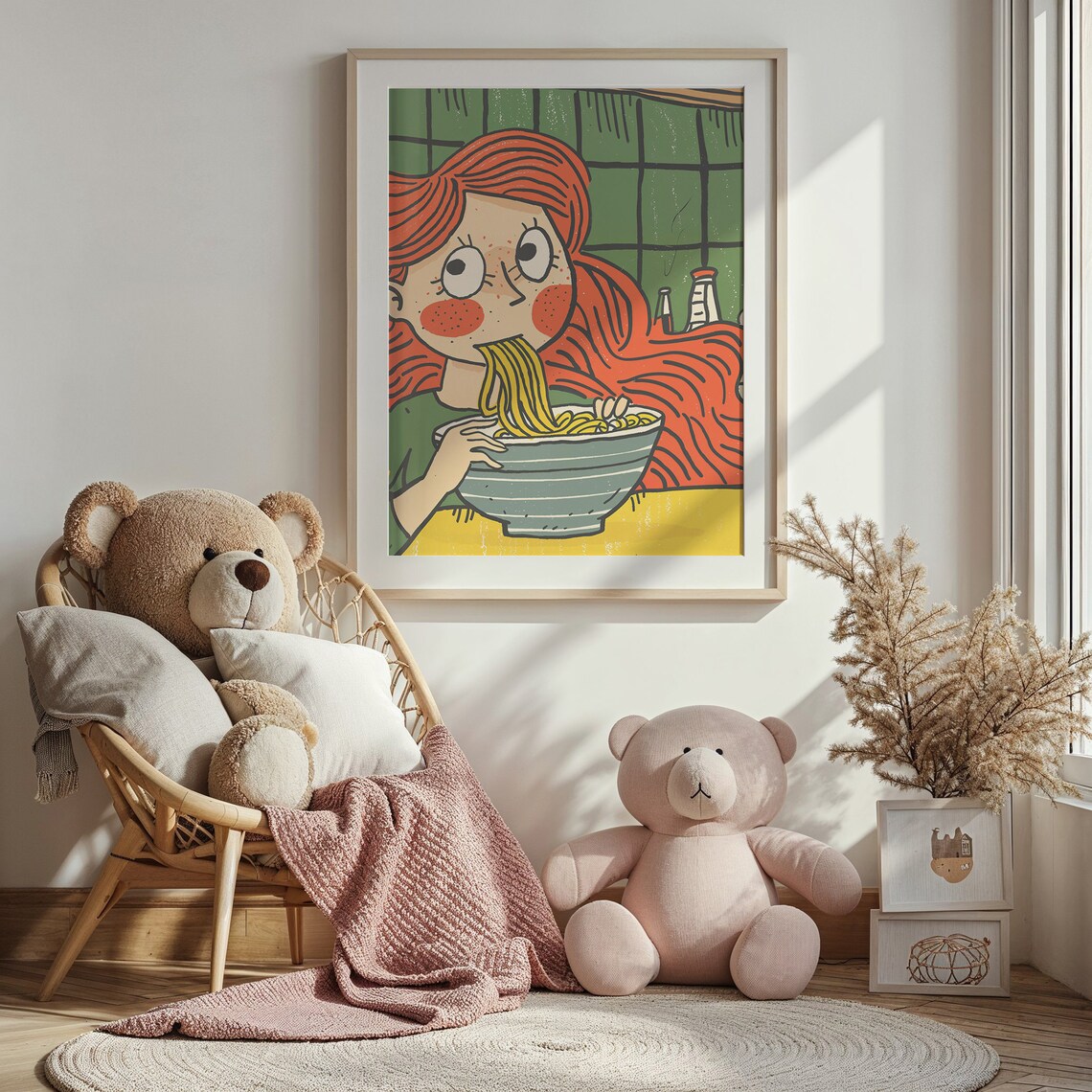 Red Hair Girl Eating Noodles Ramen Cartoon Kitchen Wall Art Poster - Image 3