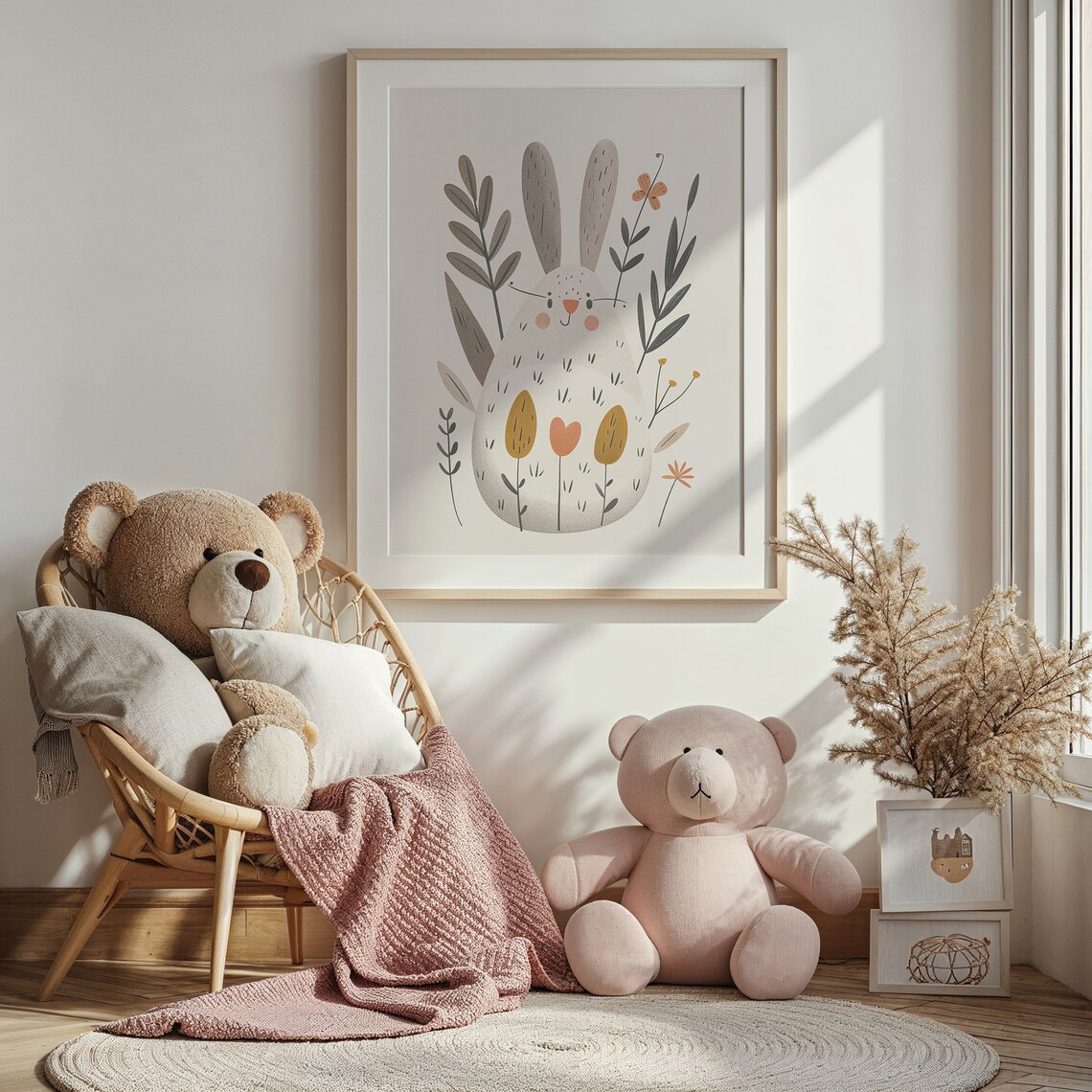 Smiling Chubby Bunny Modern Floral Garden Nursery Wall Art Poster - Image 4