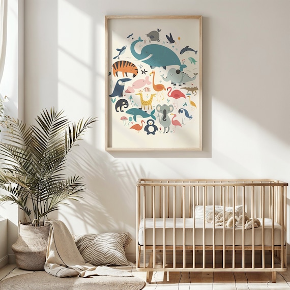 Jungle Friends Animal Collage Tiger Flamingo Whale Kids Wall Art